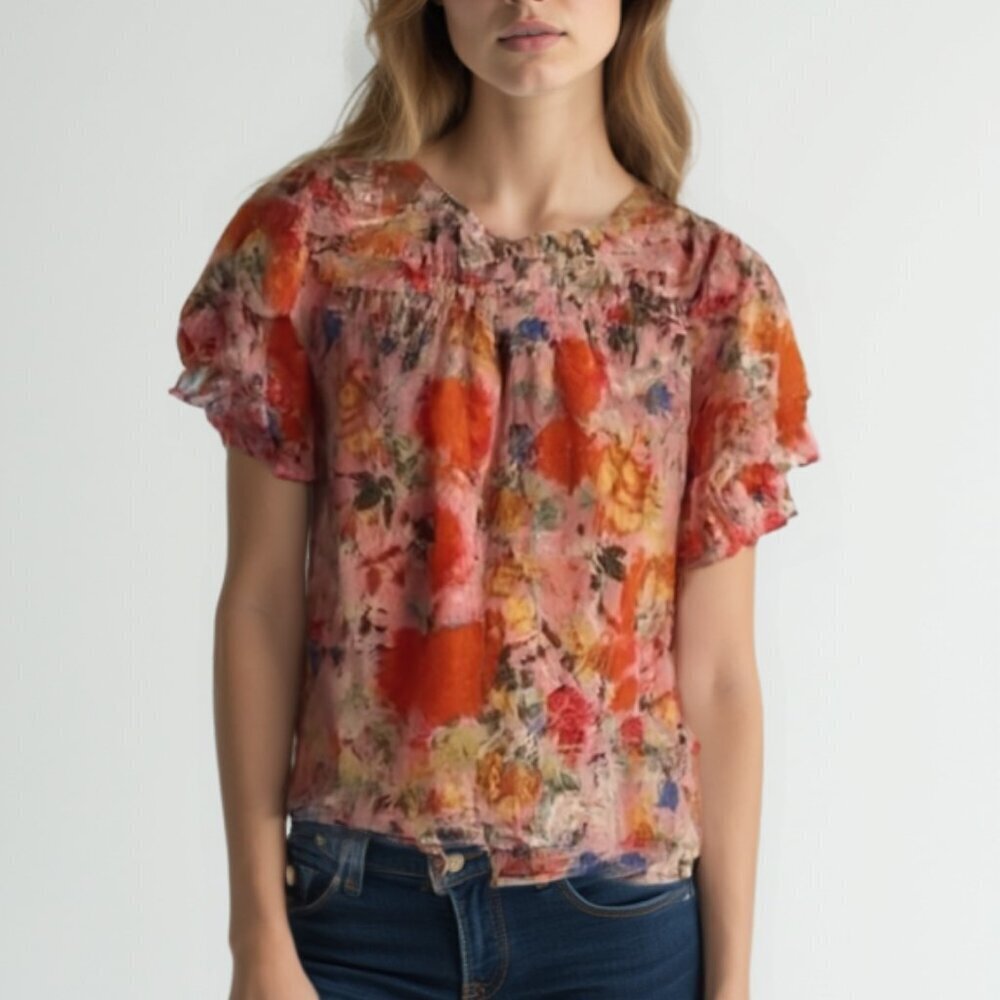 Rose + Olive Floral Ruffle Sleeve Top - Pink and Red M